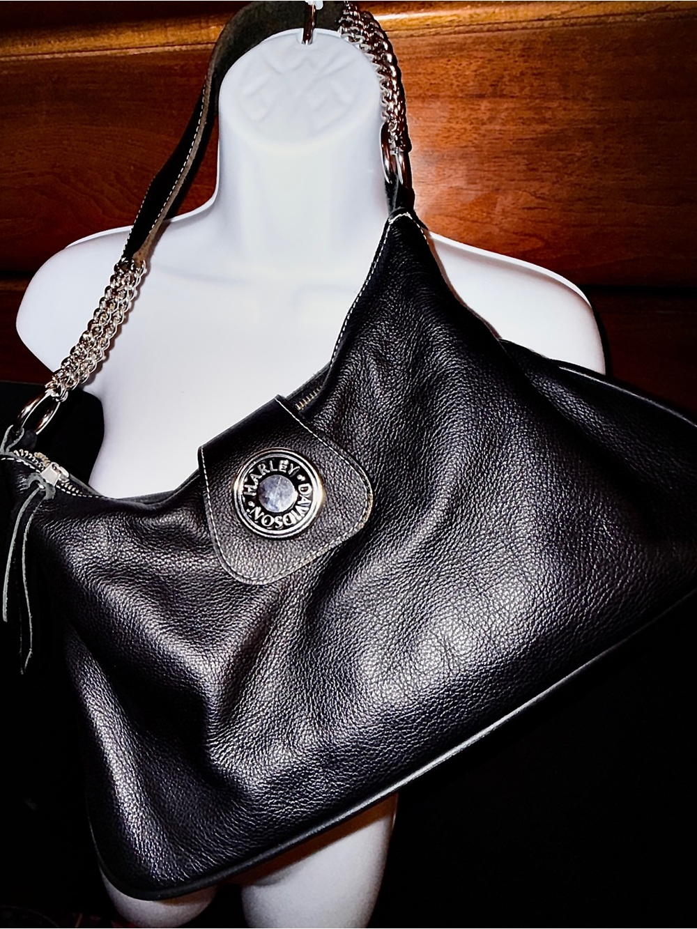 Vintage Harley Davidson Pebble Leather Chain Hobo Shoulder Bag Purse Sturgis